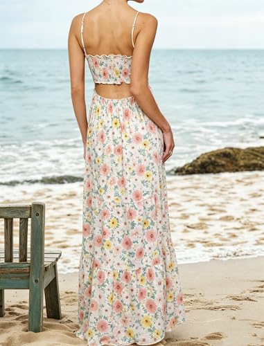 Image of Womens Summer Floral Spaghetti Strap Backless Low Cut Smocked Milkmaid Flowy Beach Sundresses