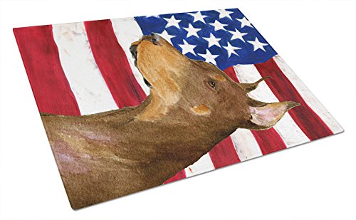 Caroline's Treasures SS4224LCB USA American Flag with Doberman Glass Cutting Board Large Decorative Tempered Glass Kitchen Cutting and Serving Board Large Size Chopping Board