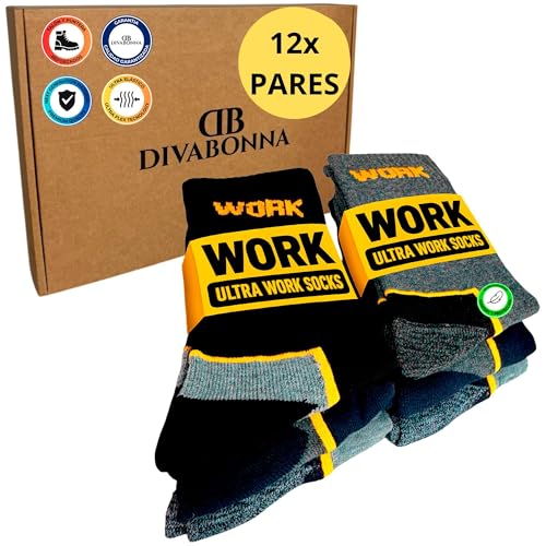 DIVABONNA 6-12 Pares Calcetines Trabajo Hombre Reforzados, Work Socks Transpirables y Cómodos, Puntera y Talón Acolchados (Surtido, 40-46, Pack X12)