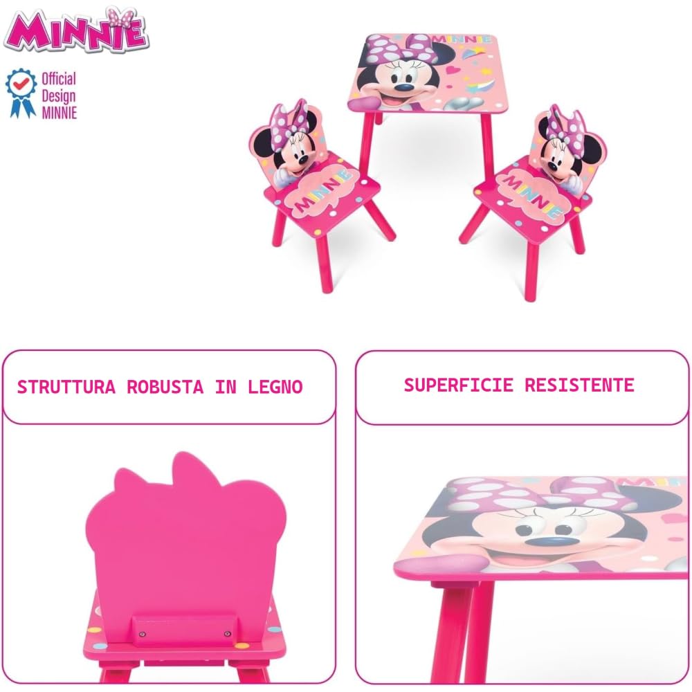 CARTOON Set Tavolo e 2 Sedie Bambini Minnie Disney in Legno Tavolino Cameretta con Sedie 445x50x50 cm Arredo per Disegno Gioco e Merenda Mobilietta Bambina Età 3+