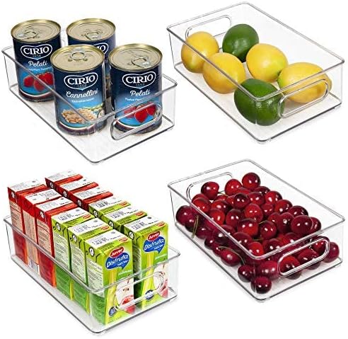 Vtopmart Stackable Clear Plastic Storage Bins, 4 Pack Food Organizer Bins with Handles for Refrigerator, Fridge, Freezer, Cabinet, Kitchen, Pantry Organization, BPA Free, 10" Long