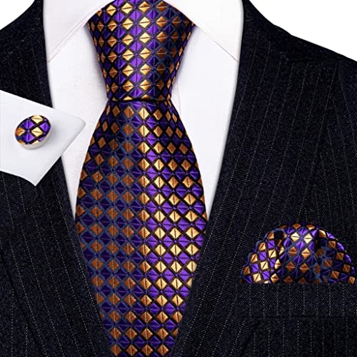 Corbata de seda dorada a cuadros para hombre con set de pañuelo y gemelos miniatura 2