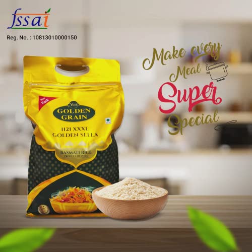 Image of GOLDEN GRAIN Golden Sella Basmati Rice 5Kg | Golden Sella Non Sticky Basmati Rice With Great Taste & Mesmerizing Aroma | Extra Long Grain | Natural Perfectly Aged | Chef's favourite Sella Basmati Rice