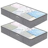Underbed Storage Bags Containers 2 Pack - Large Capacity Under Bed Storage Box with 4 Handles and Sturdy Zippers,Clear Window for Blankets,Clothes,Comforters (Grey)