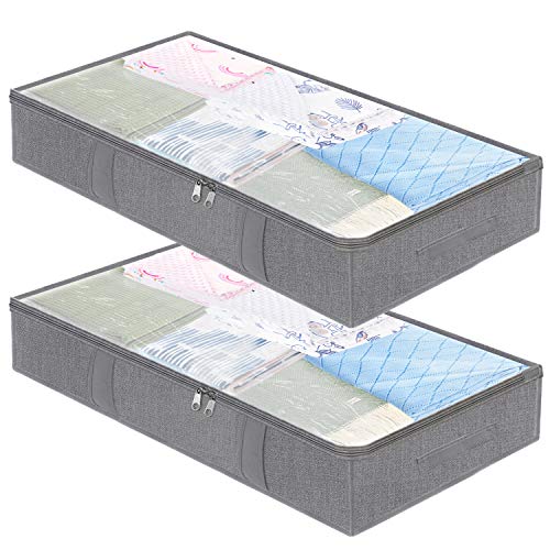 homyfort Under The Bed Storage Bags Containers,Underbed Breathable Clothes Blanket Storage Drawers for Comforters,with Clear Window,Dual Zippers,4 Strong Handles Set of 2 Grey