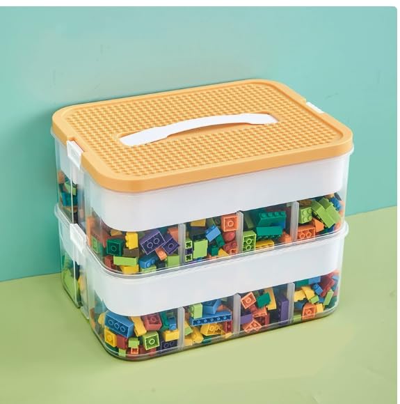 LAMPTOP おもちゃ 収納 蓋付き 収納ボックス おもちゃ箱 収納 トミカ用 整理ボックス 玩具収納 プラスチック製 2段 積み重ね 透明 整理整頓（イエロー）
