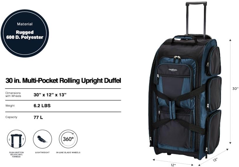 Travelers Club Xpedition 30 Inch Multi-Pocket Upright Rolling Duffel Bag 30" Suitcase Rivera Blue