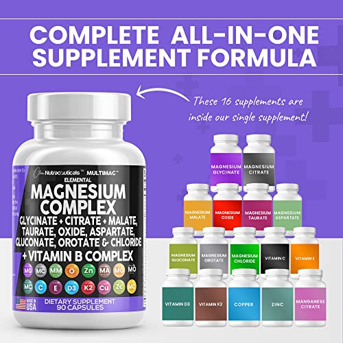 Magnesium Complex 2285Mg With Magnesium Glycinate Citrate Malate Oxide Taurate Aspartate Gluconate Orotate & Mag Chloride, Zinc Copper Manganese & Vitamin C B1 B2 B6 B12 Complex - 90 Count Made In Usa #TOP2