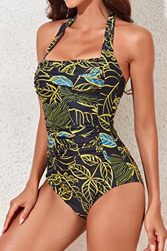 Image of Smismivo Tummy Control Swimwear Halter One Piece Slimming Vintage Retro Swimsuit Womens Ruched Push Up Bathing Suit