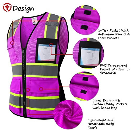Image of Safety Vest for Men Women Reflective Construction Vest Hi Vis ANSI Standard | ANSI Standard, 8 utility Pockets 4 Reflective Strips with Neon trim High Visibilty Breathable Mesh Safety Apparel for Work