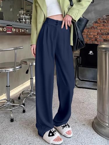 Image of Aahwan Solid Dark Blue Korean Baggy Parallel Formal Pant for Women's & Girls'