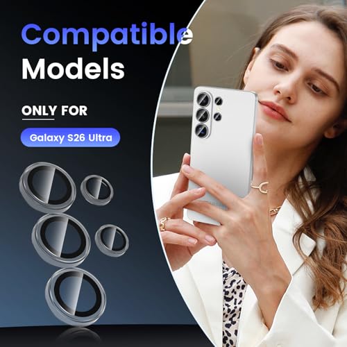 Image of Tensea (3+2 Pack Compatible with Samsung Galaxy S26 Ultra Camera Lens Protector, 9H Tempered Glass Camera Cover Screen Protector Metal Custom Ring Installation Tray