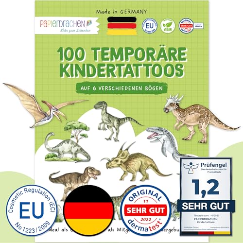 Papierdrachen 100 tatuajes infantiles especialmente respetuosos con la piel, tatuajes del mundo de los dinosaurios, para niños, como regalo de cumpleaños o idea de regalo, 100% vegano   set 27