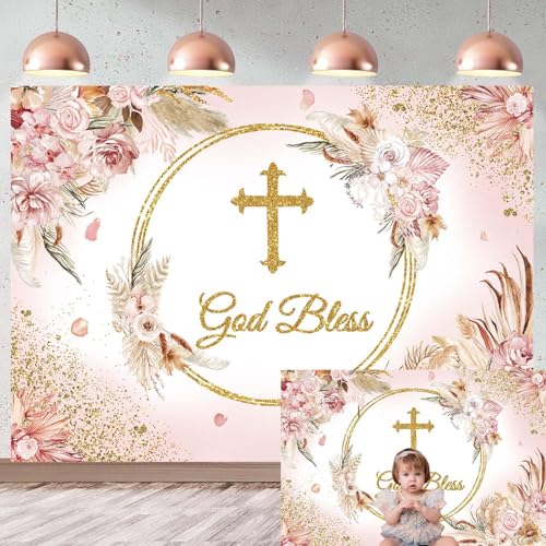 Fondo de bautizo para niñas, baby shower, decoración de fiesta, fondo rosa, flores bohemias, recién nacidos, primera comunión, bautizo, accesorios para sesión de fotos, 7 x 5 pies