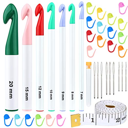 7 Sizes Crochet Hooks Set (7mm-20mm) with 9 Pcs Large-Eye Blunt Needles, Ergonomic Handle Crochet Hooks Needles for Arthritic Hands, Extra Long Crochet Needles