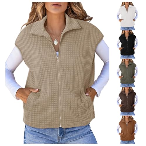 Kubbon Womens Vest Tops Sleeveless Waffle Knit Jacket Full Zipper Fall Lightweight Sweatshirts Stand Collar Gilet Vest4