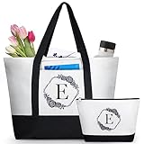 AUNOOL Personalized Tote Bag for Women Initial Embroidery Makeup Bag, Canvas Beach Tote with 2 Pocke