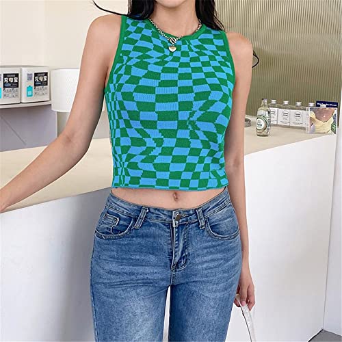 Women's Plaid Printed Sleeveless O Neck Camisole Harajuku Vintage Knitted Cropped Tank Top (As1, Alpha, L, Regular, Regular, Green, Large) #TOP1