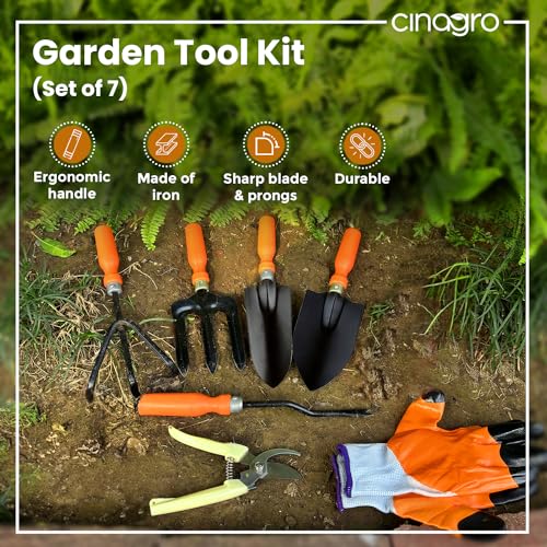Image of Cinagro Garden Tools Kit (Set of 7) Weeder, 2 Trowels, Hand Fork, Cultivator, Pruner, Gardening Hand Gloves | Gardening Tools Kit for Home Garden, Indoor and Outdoor Gardening