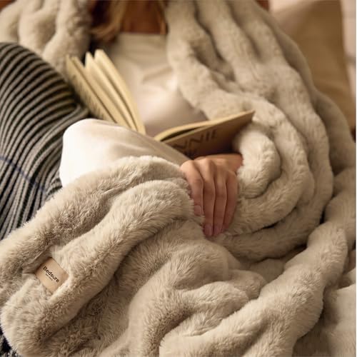 Image of Bedsure GentleSoft Fluffy Fuzzy Beige Throw Blanket for Bed, Soft Cozy Fleece Faux Fur Blanket for Couch, Beige Room Decor Coloring Bedding Sofa Cover, Thick Warm Plush Women Girls Birthday Gifts