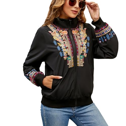 Blousons broderie pour femmes avec col montant et poches zippées