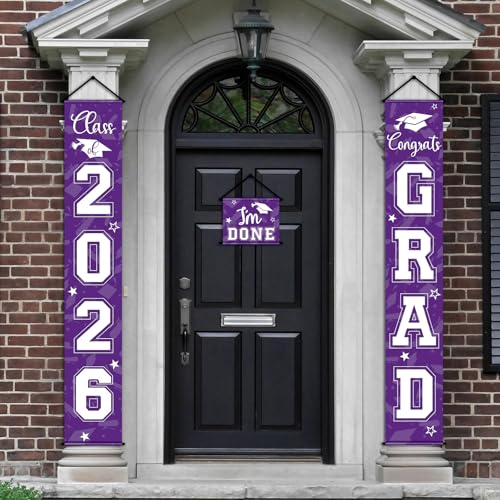 Image of Moukeren 3 Pieces 2026 Graduation Party Decorations Graduation Porch Sign Class of 2026 Grad Hanging Porch Banner Backdrop Door Sign for Grad Party Home Door Wall Decor(Purple)