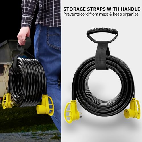 POWGRN 30 Amp RV Extension Cord 25 FT Outdoor with Grip Handle, Flexible Heavy Duty 10/3 Gauge STW 3 Prong RV Power Cord Waterproof, NEMA TT-30P to TT-30R, Black-Yellow, ETL Listed by POWGRN - Used condition - Image 3