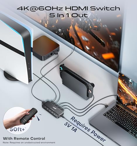 Image of acer 5 in 1 Out HDMI Switch 4K@60Hz HDMI 2.0 with Remote for PS5 Xbox TV
