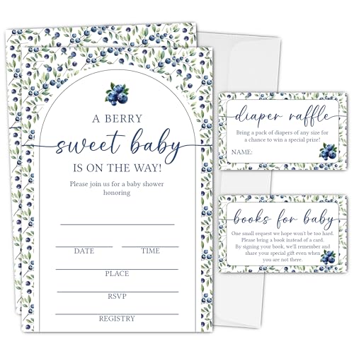 SDLSETW A Berry Sweet Baby Shower Invitations for Boys Girls, 25 Sets Blueberry Baby Shower Party Invites with Envelopes, Diaper Raffle Tickets, Books Request Cards, Gender Reveal Decorations-A12