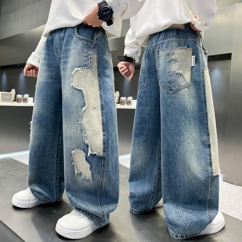 Pantalones vaqueros infantiles holgados cómodos que no aprietan con diseño patchwork recto 3