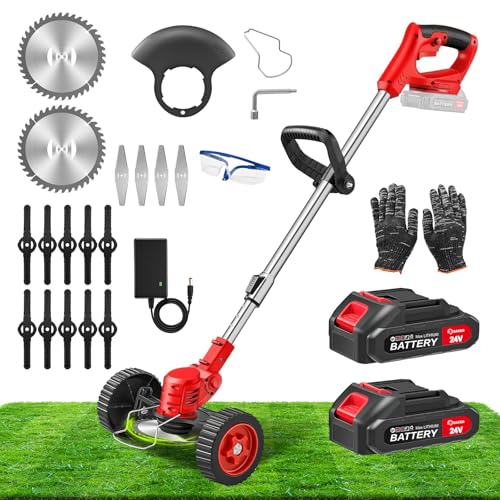 SakerPlus 24V Cordless Weed Wacker Electric Grass Trimmer Weed Eater with 2 Batteries 3-in-1 Lightweight Brush Cutter/Lawn Mower/Edger with Wheels & 3 Types of Blades for Lawn Garden & Yard Care
