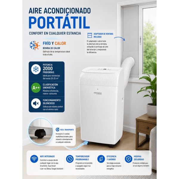 Bilake Aire Acondicionado Portátil MOV16-09-BC con Bomba de Calor, WiFi, 2,64 kW, Refrigeración, Calefacción, Ventilación y Deshumidificación