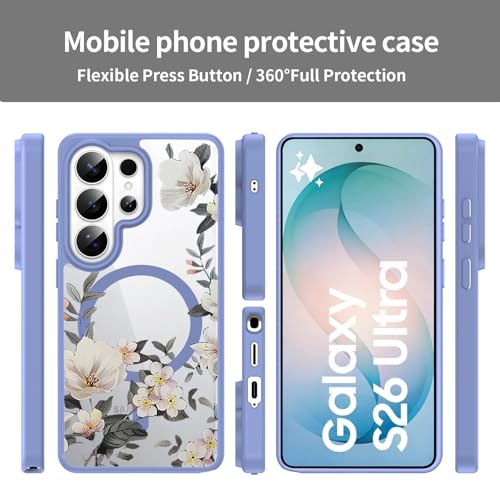 Image of VONZEE Compatible with Samsung Galaxy S26 Ultra 5G Case Luxury Retro Flowers Floral Clear for Magnetic Wireless Charging Case Shockproof PC+TPU Cute Glossy Shiny Cover for Girls Women, Official Blue