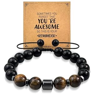 MUIIGOOD Natural Stone Bracelets for Men, 10MM Tiger Eye Mens Handmade Beads Triple Protection Bracelets with Wallet Card for Women Gifts Birthday Anniversary Father Day Gifts for Him