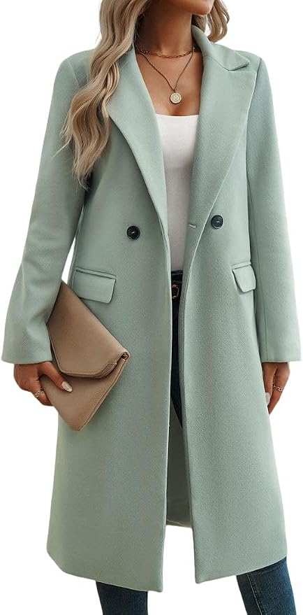 myzgx Women's Business Casual Wool Blend Pea Coat Notched Lapel Double Breasted Winter Mid Long Trench Coat fashion product photo