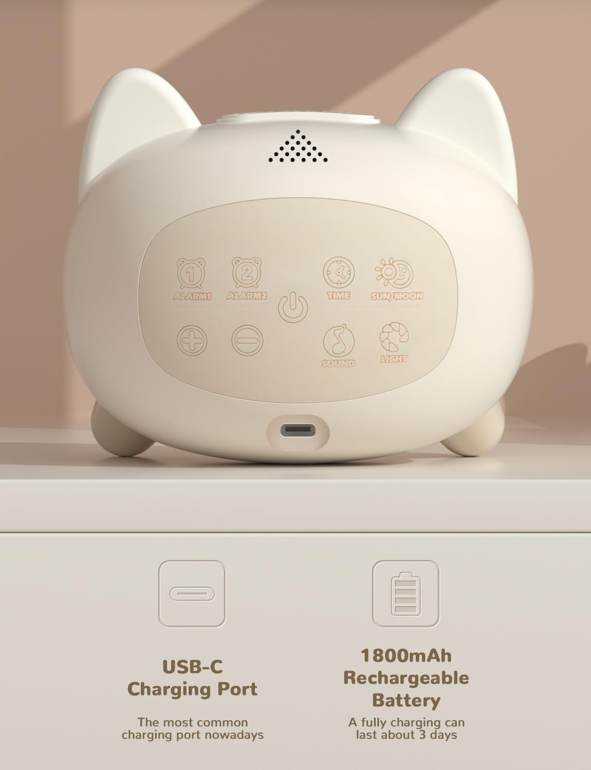 Enrere view of the LIORQUE Kids Alarm Clock showing the USB-C charging port and control buttons.