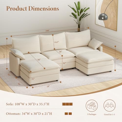 Image of Vesgantti 108 inch U Shaped Sectional Couch, Comfy Cloud Modular Sectional Sofa with 2 Ottoman Deep Seat Corduroy Modern Cloud Sofa, Modular Sofas for Living Room, Bedroom and Apartment, Beige
