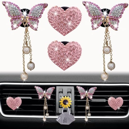 Image of 4 Pcs Pink Heart and Butterfly Pandent Air Vent Clips, Bling Heart Air Fresheners Vents Clips Diamond Car Interior Decor Bling Cute Car Accessories + Sunflower Mask Hook