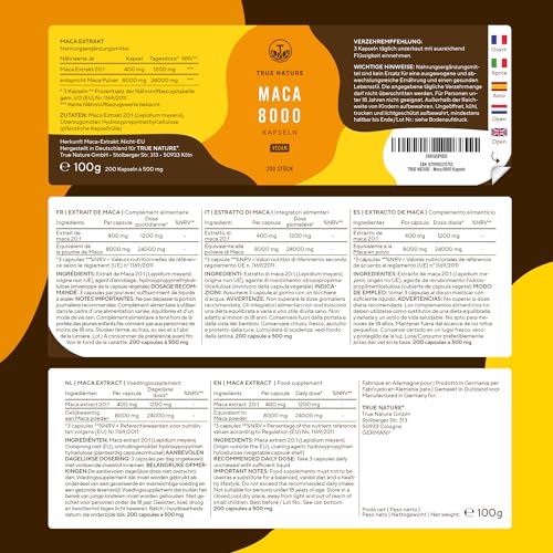 Maca Kapseln Gold - 24.000mg pro Tag - 20:1 hochdosiert - (200 Stück) Premium Maca Extrakt - Vegan, Deutsche Produktion - TRUE NATURE