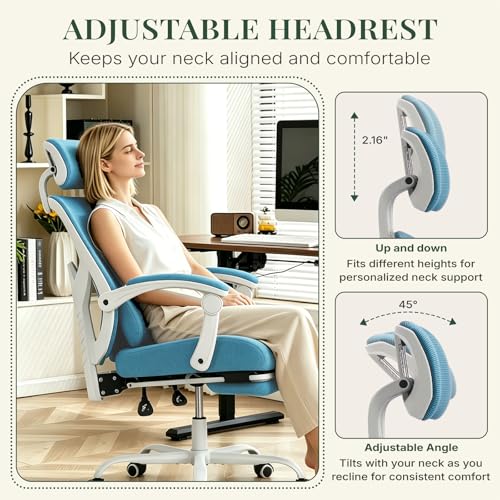Image of Ergonomic Office Chair with Footrest, High Back Home Desk Computer Chair with Lumbar Support & Headrest, 90-135 Reclining Mesh Back with Wheels for Work, Gaming, Blue