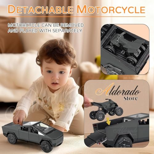 Image of 1:32 Tesla Cybertruck with Pickup Trailer Alloy Car Model Scale Diecast Metal Off-Road Vehicles Truck Model Sound and Light Kids (Gray)
