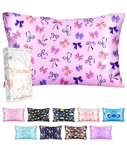 Miss Adola Silk Pillowcase for Kids - 30 x 20 Inches Queen Size Mulberry Silk Pillow Case with Zipper Cute Cartoon Kawaii Teens Girls Boys Pillowcase for Hair and Skin, Diverse Bows