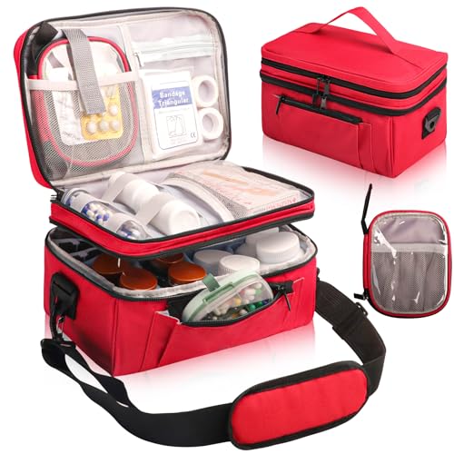 Image of Tesuko Medicine Bag for Traveling with Portable Small Pouch, Double Layer Pill Bottle Organizer Storage Case with Lockable Zippers, Carrying Medication Travel Case with Shoulder Strap (Bag ONLY), Red