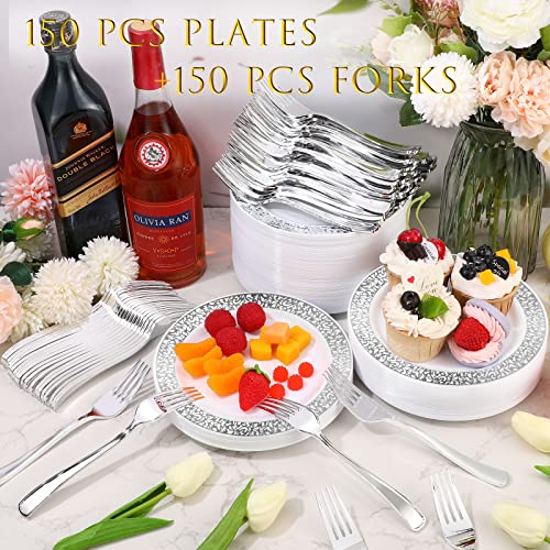 Gandeer 150 Pieces Disposable Cake Plate 7.5'' With Forks Lace Design Appetizer Plastic Dessert Plates Fancy Tableware Bulk For Wedding Reception Parties Holidays(Silver) #TOP5