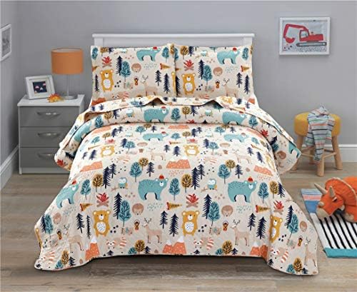 Junsey Kids Quilt Twin Size Bear Bedding Set,3Pcs Forest Trees Bedspread Animals Coverlets, Lightweight Reversible Cartoon Quilts Deer Owl Bedding Pillow Shams