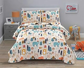 Junsey Kids Quilt Bedspreads Twin Size Bear Coverlet Set,3Pcs Forest Tree Deer Printed