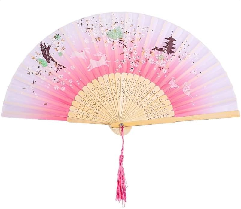AUM Colorful Floral Pattern Hand Held Foldable Bamboo Japanese Silk Hand Fan (Pink-T4) Gift Fan for Girls Women Wedding Favor Theme Party Decoration Stage Shows Dance
