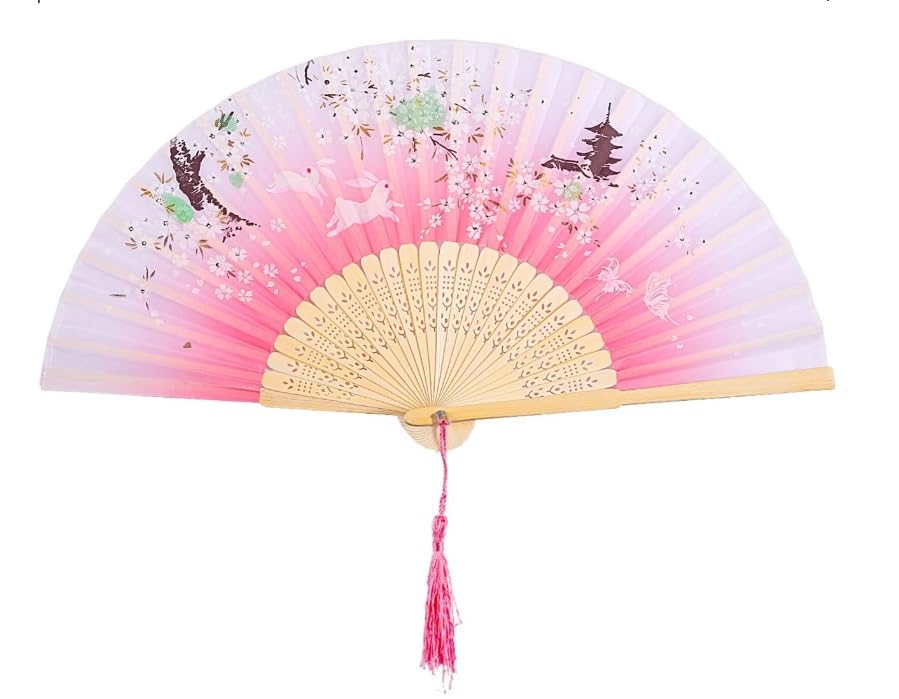 AUM Colorful Floral Pattern Hand Held Foldable Bamboo Japanese Silk Hand Fan (Pink-T4) Gift Fan for Girls Women Wedding Favor Theme Party Decoration Stage Shows Dance
