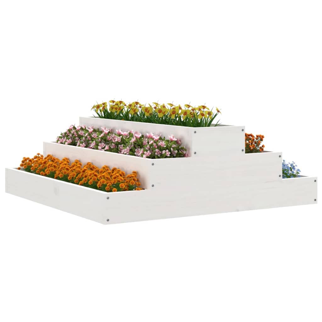 Bancal elevado de 80 x 80 x 27 cm de pino macizo blanco, diseño de escaleras para balcón y jardín, robusta maceta con escalones para verduras y hierbas