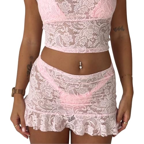 Women's Lace Mini Skirts Casual Low Waist Solid Color See Through Ruffle Skirts Bikini Coverup Skirts